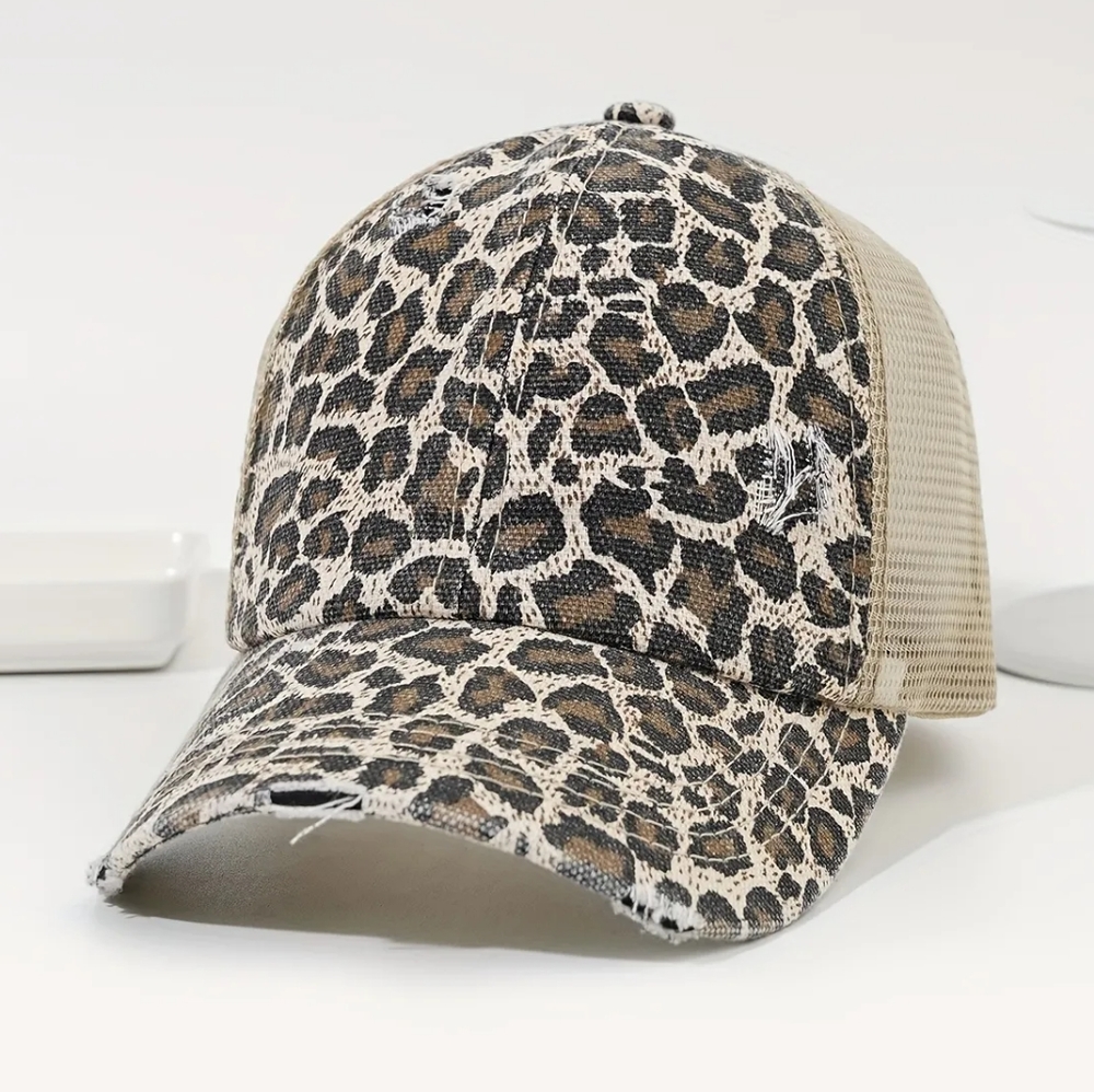 Leopard Print Crisscross Ponytail Hat, NWT